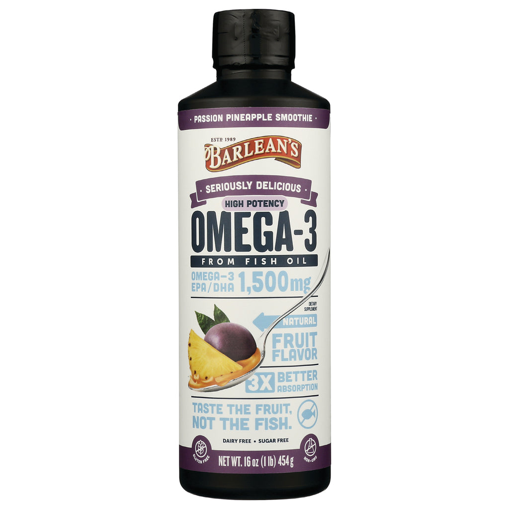 BAR107 | Barlean's Omega-3 liquid fish oil bottle, passion pineapple fruit flavor, 1,500 mg, 16 oz - Thumbnail