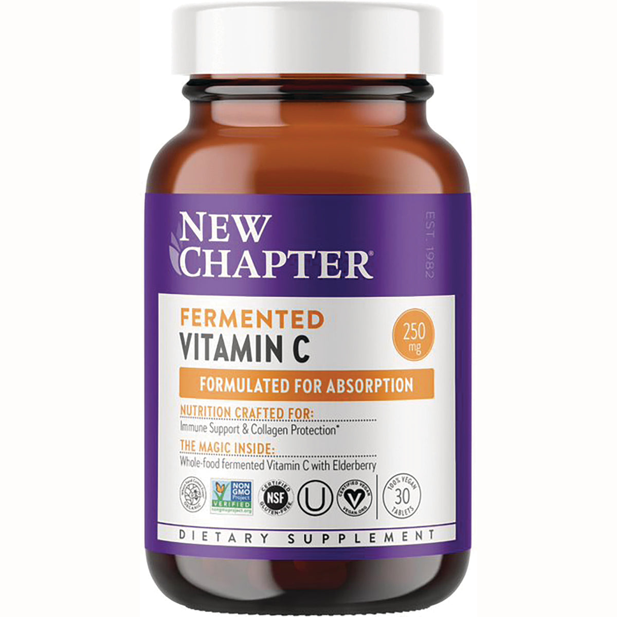 NWC339 | New Chapter fermented Vitamin C 250 mg brown bottle with purple label, 30 tablets