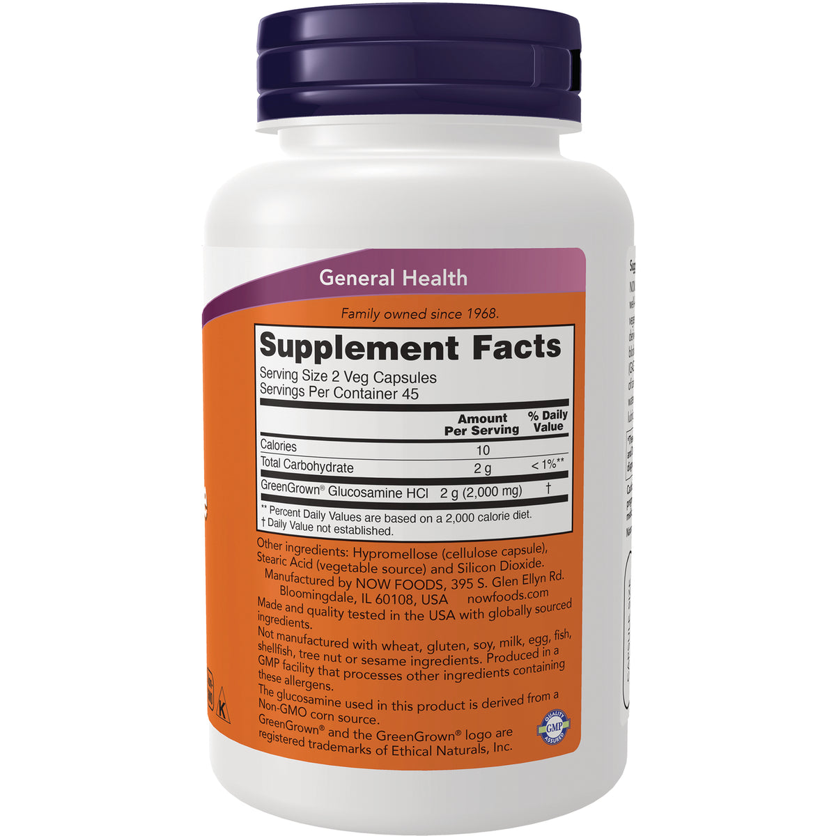 NWF156 | Back of white supplement bottle showing Supplement Facts label on orange panel and purple cap
