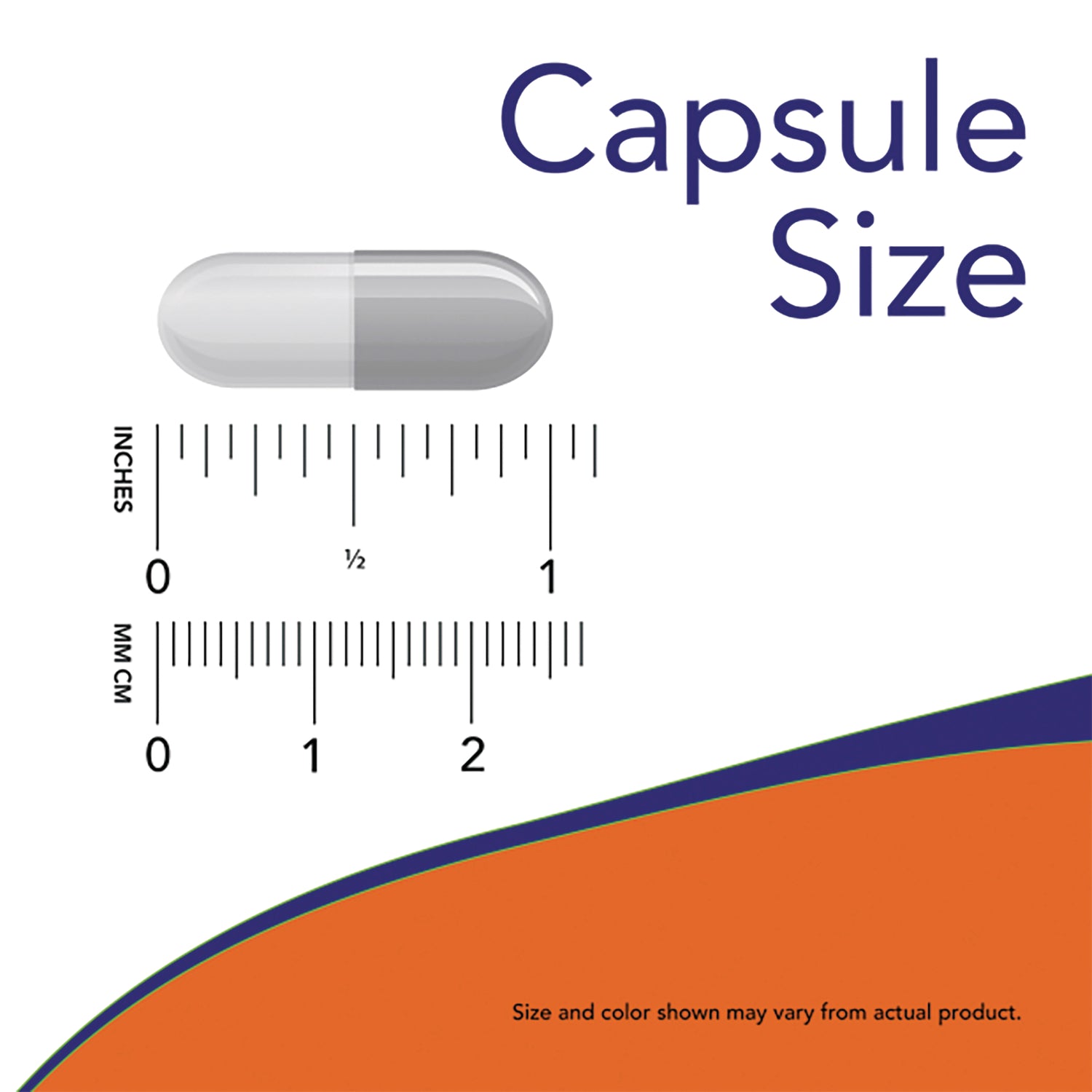 NWF1389 | gray capsule and ruler showing capsule size in inches and millimeters labeled Capsule Size