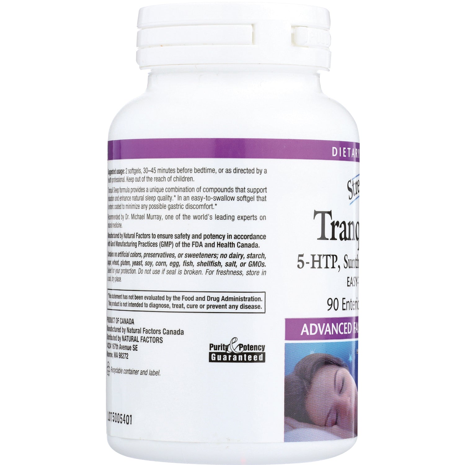 NFC146 | side label of white supplement bottle showing ingredient text, Purity & Potency Guaranteed logo and sleeping woman photo