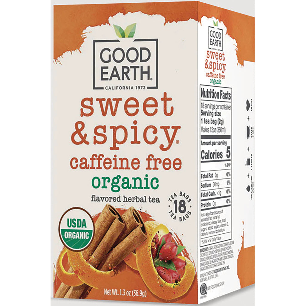 GET019 | Good Earth Sweet & Spicy caffeine free organic herbal tea box front showing cinnamon sticks and orange peel - Thumbnail