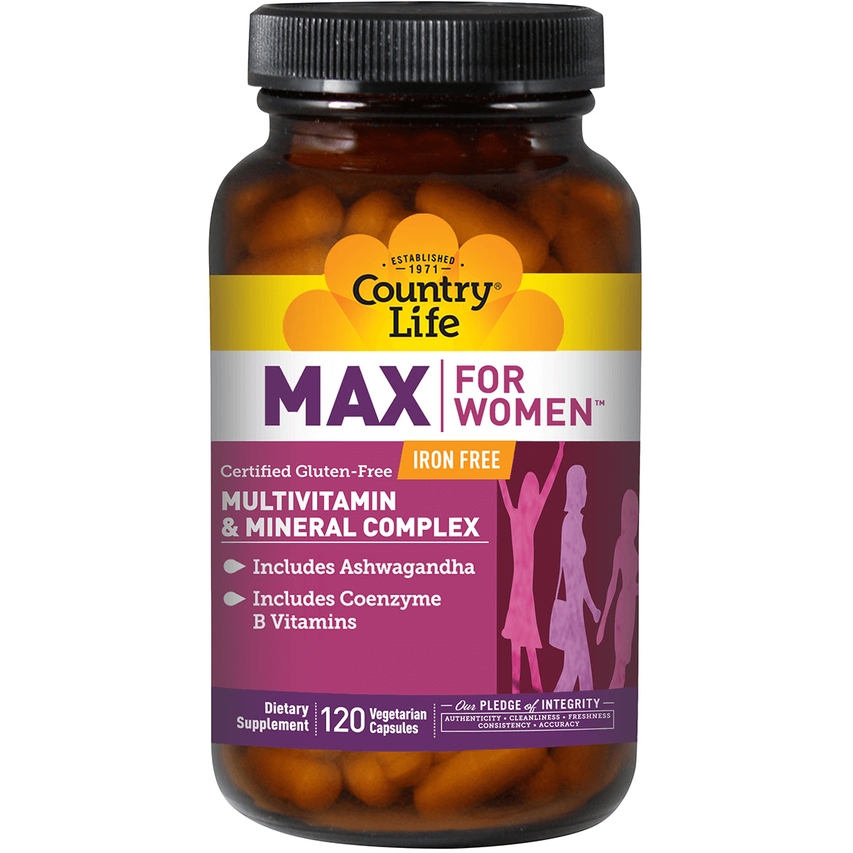 CRL289 | Country Life MAX for Women multivitamin bottle, iron free, 120 vegetarian capsules