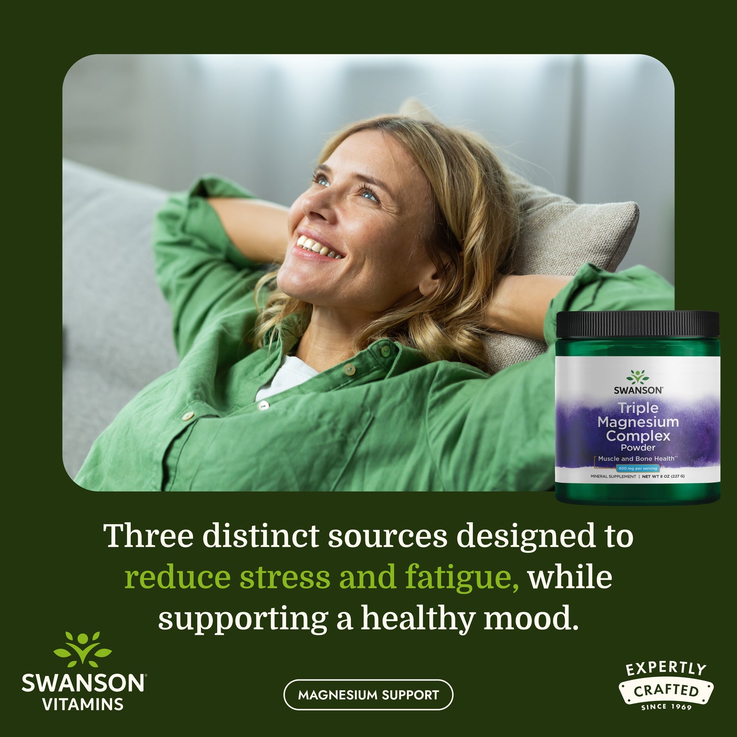 SW1831 | Woman relaxing on a couch beside Swanson Triple Magnesium Complex Powder infographic with support claims