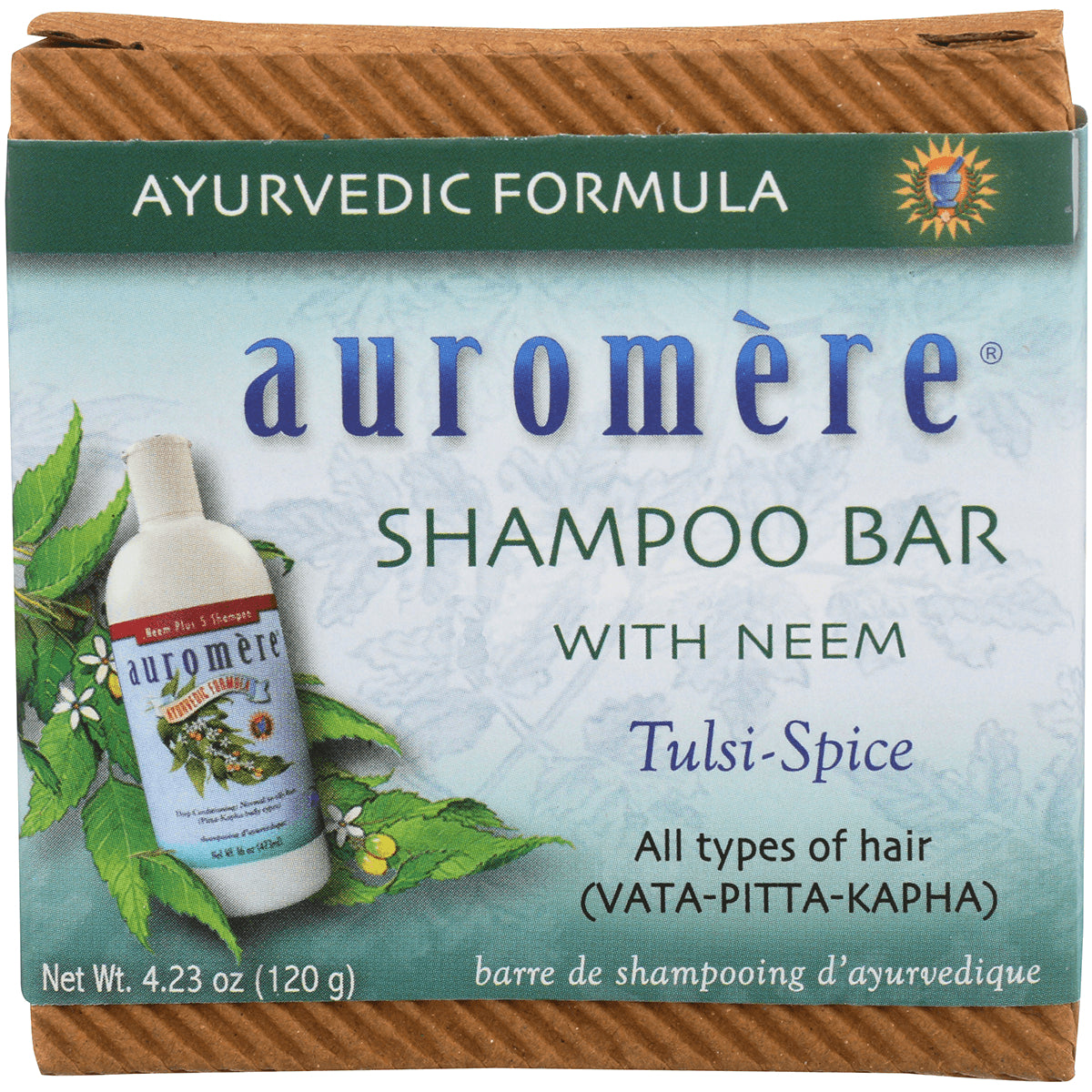 AUR033 | Auromre Shampoo Bar Tulsi-Spice with Neem packaging front showing bottle and neem leaves