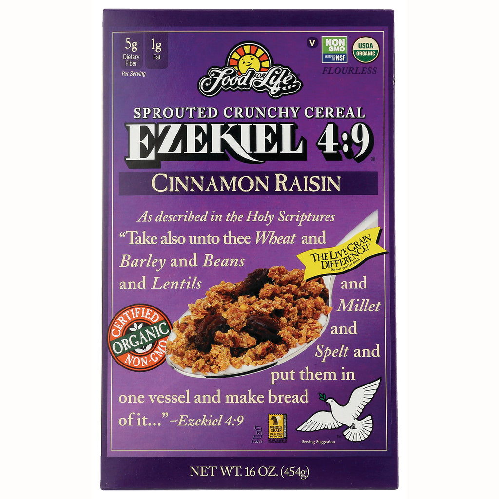 FFL002 | Purple Ezekiel 4:9 Cinnamon Raisin sprouted crunchy cereal box front showing bowl of cereal and certified organic badge - Thumbnail