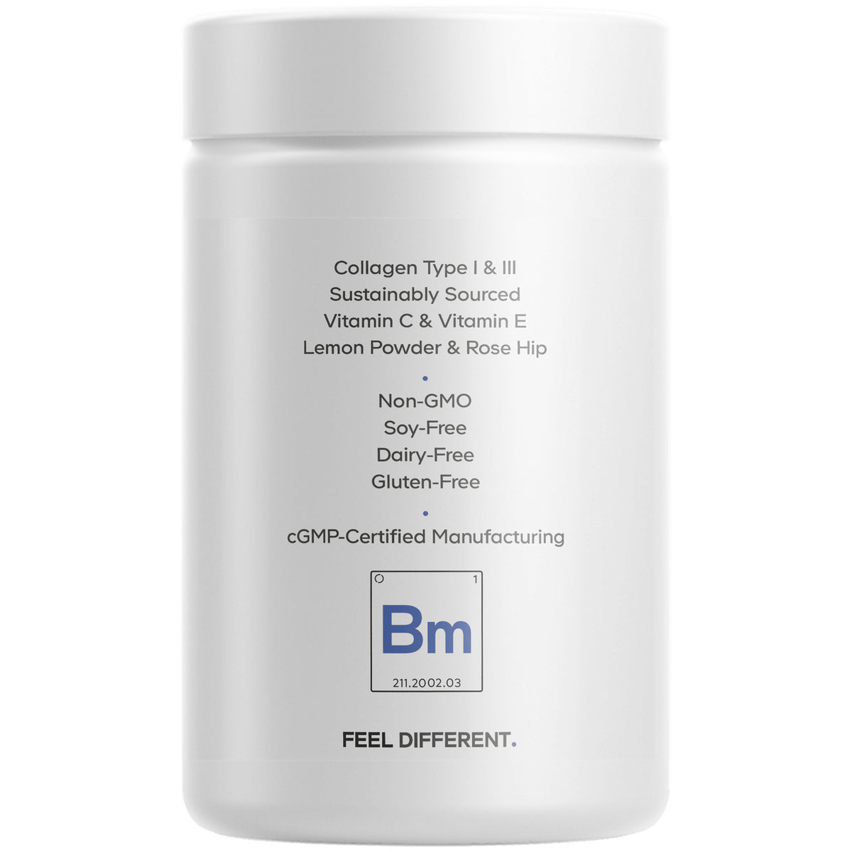 CDG027 | Back label of white supplement jar listing Collagen Type I & III, Non-GMO, soy-free, dairy-free, gluten-free