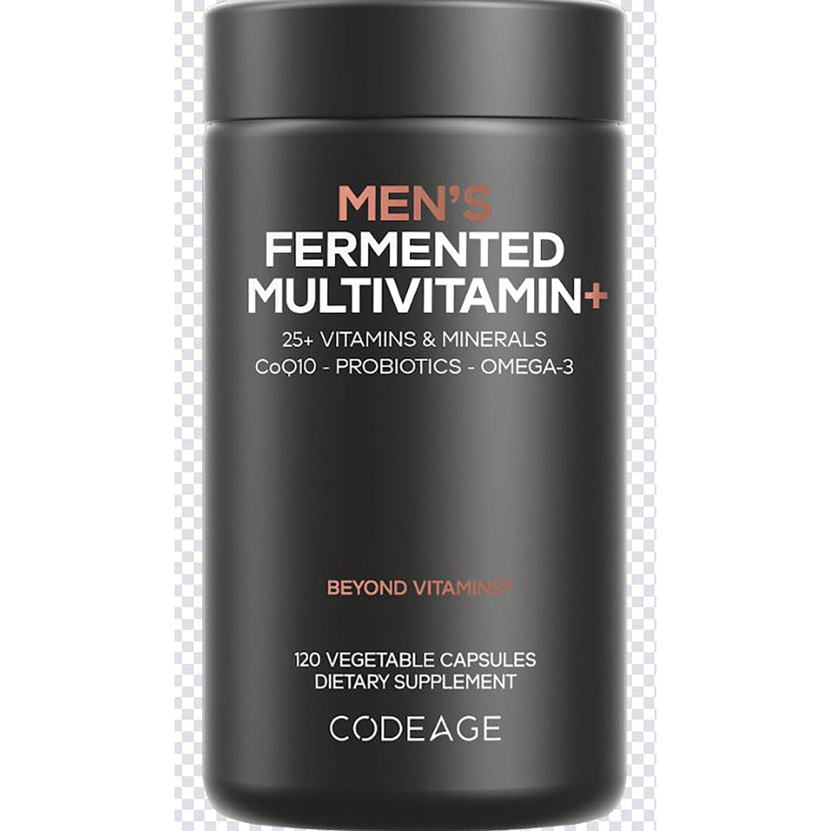 CDG015 | Black bottle labeled MEN'S FERMENTED MULTIVITAMIN+ 120 vegetable capsules dietary supplement CODEAGE