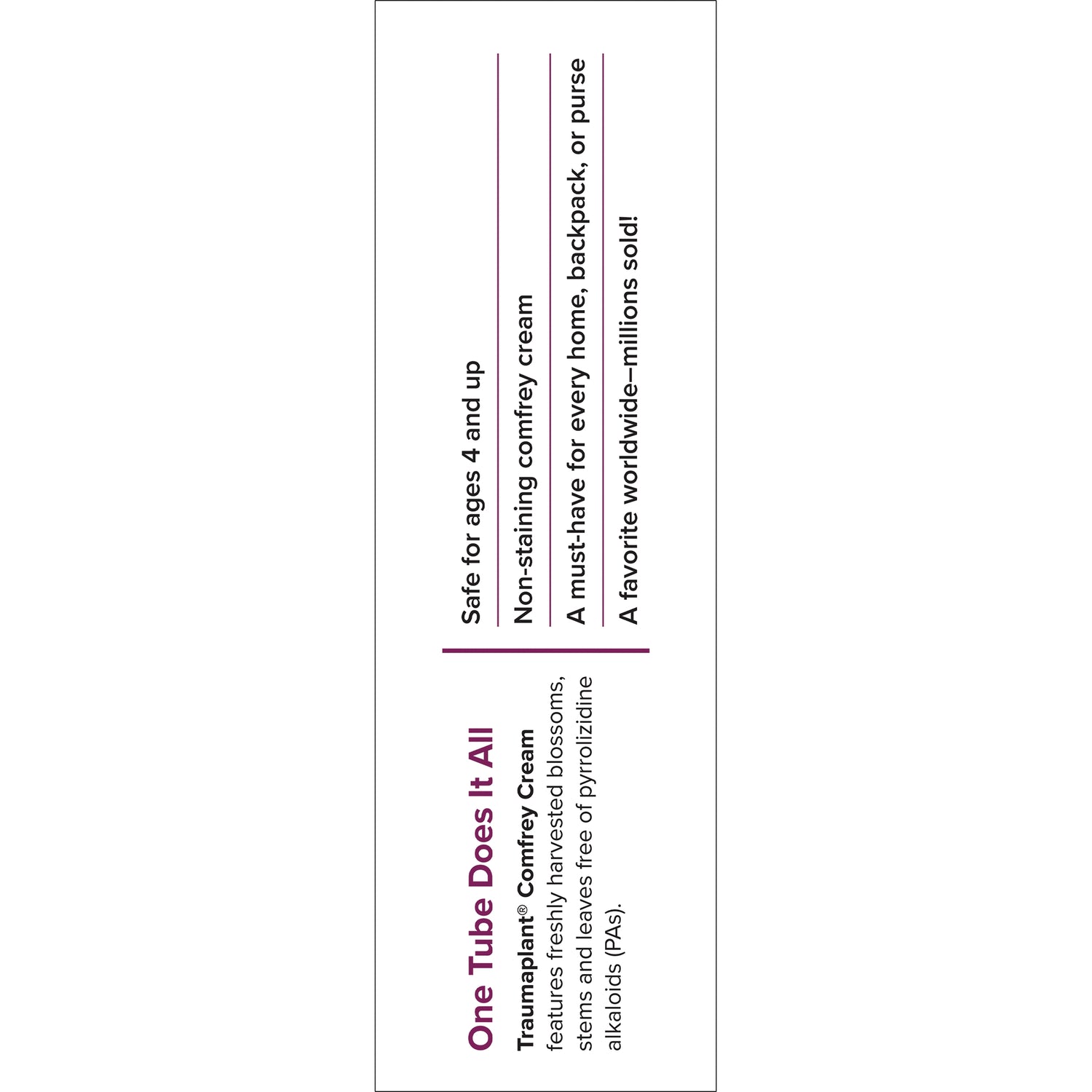 EUR029 | Vertical back label reading One Tube Does It All with benefits: safe for ages 4+, non-staining comfrey cream, must-have