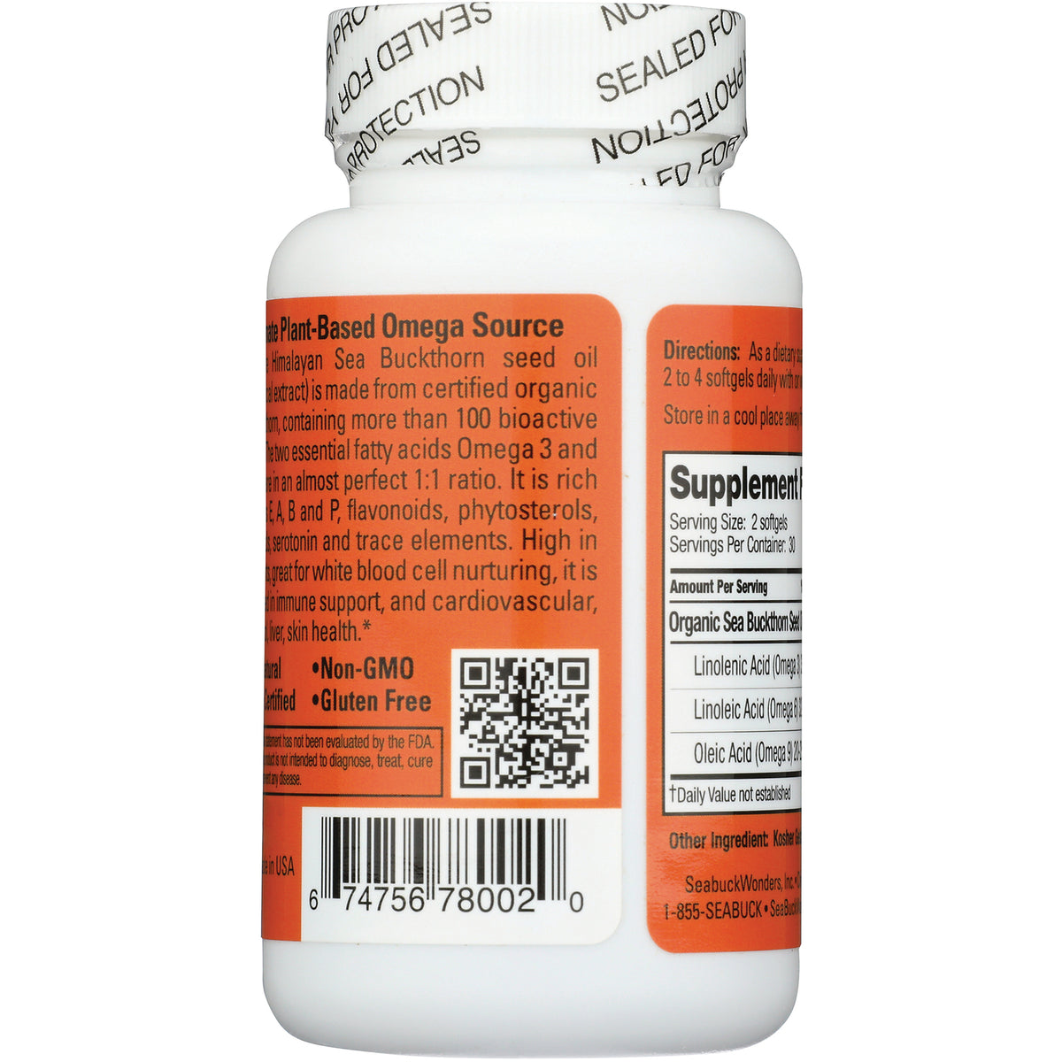 SBW003 | bottle back showing supplement facts, QR code, barcode, and Non-GMO Gluten Free label