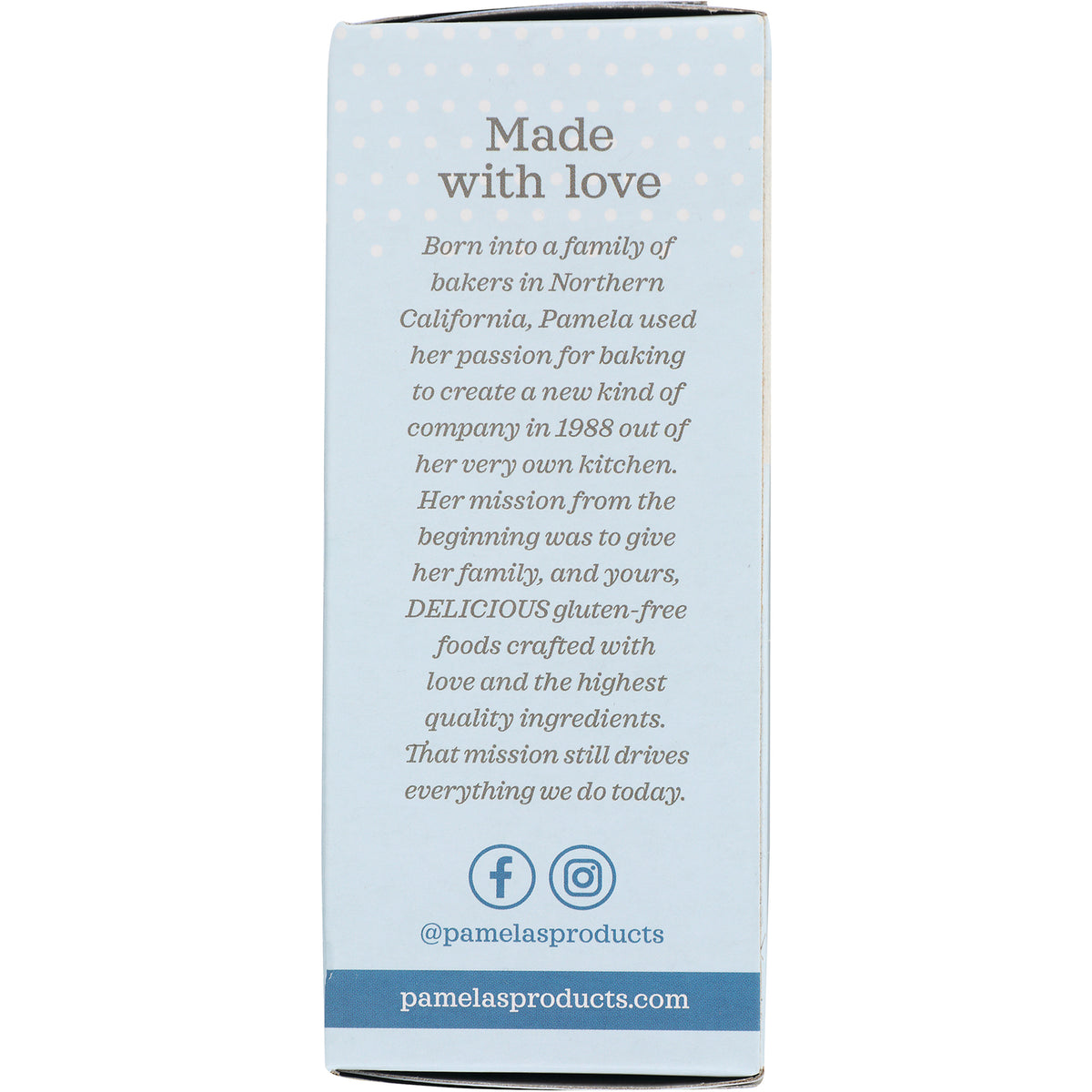 PAM014 | back of light blue Pamela's box with Made with love story text and social icons