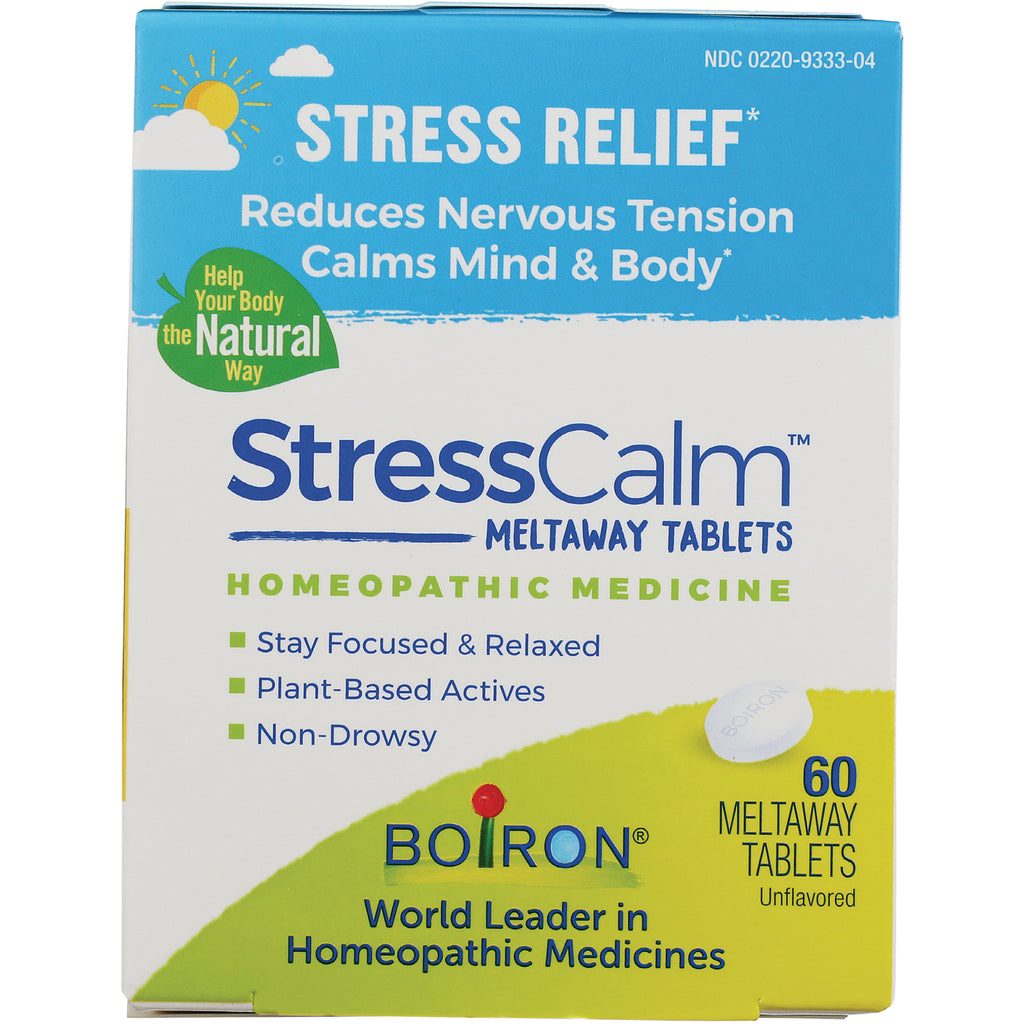 BRN125 | StressCalm meltaway tablets box showing homeopathic stress relief claims, Boiron branding, 60 tablets - Thumbnail