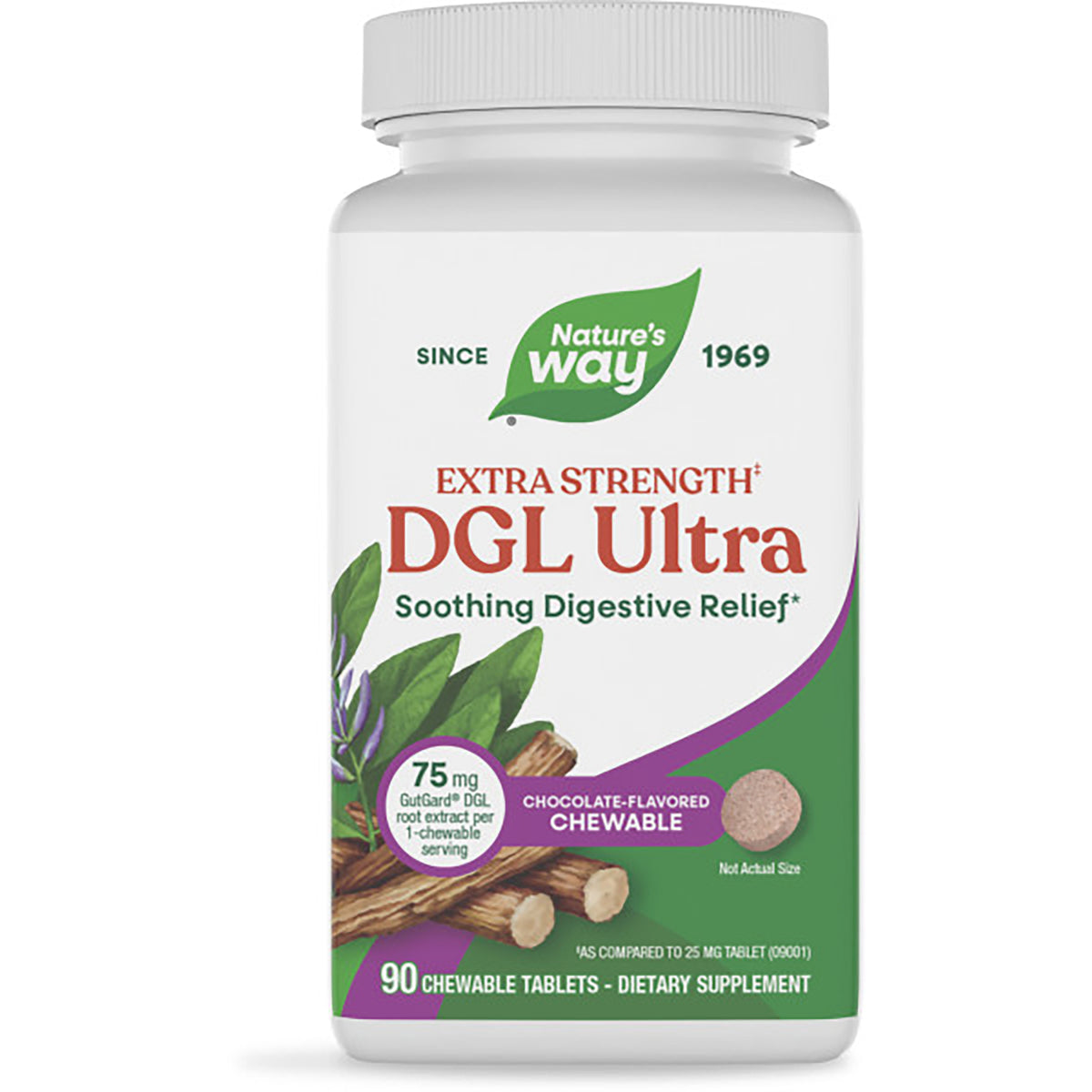 ET360 | Brown supplement bottle labeled Nature's Way DGL Ultra Extra Strength, 90 chewable tablets