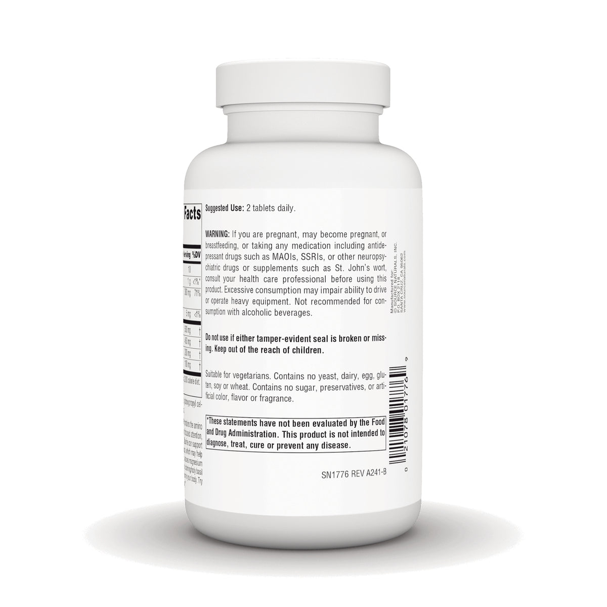 SN495 | Back of white supplement bottle with directions, warnings and vegetarian, no yeast, dairy, egg, gluten claims