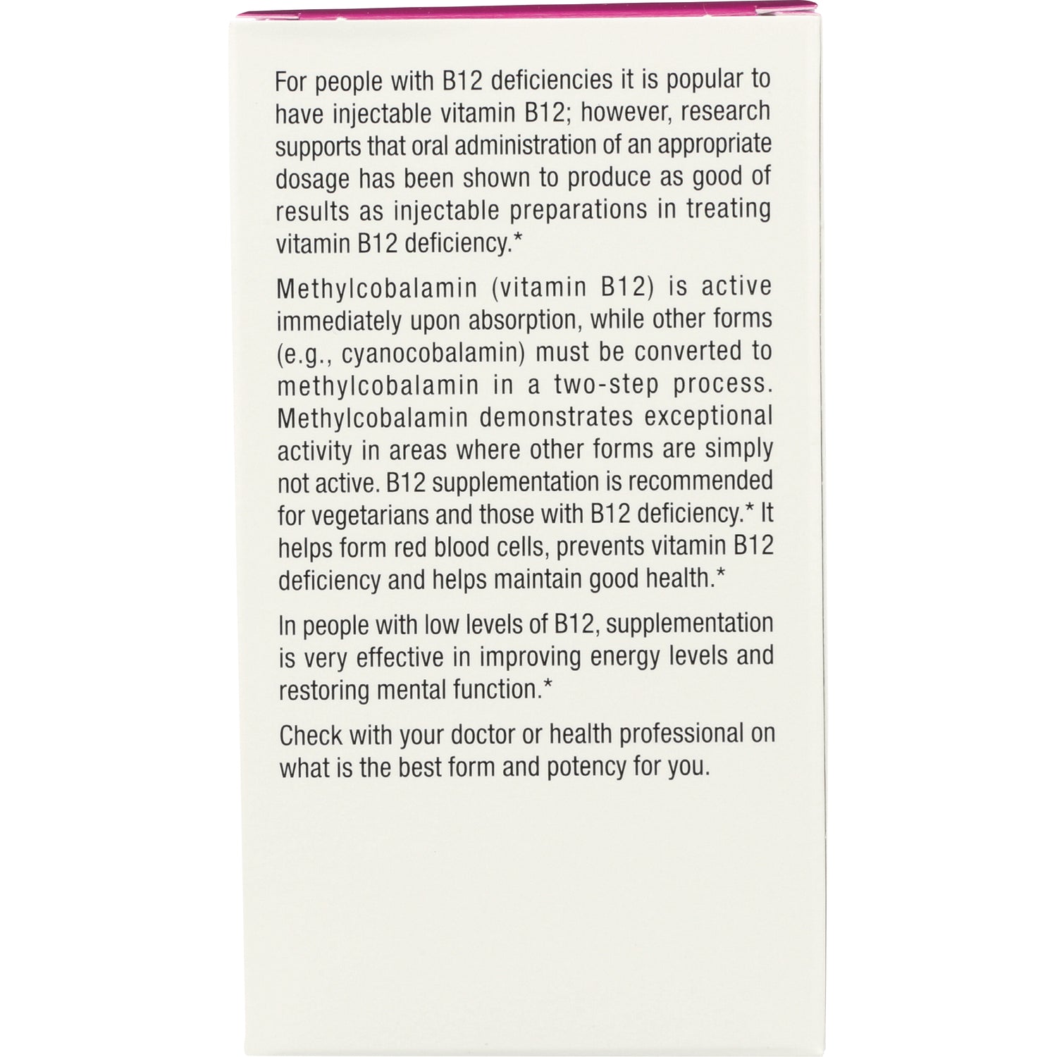 NFC107 | product panel describing methylcobalamin (vitamin B12) benefits, supplementation advice and consult your doctor
