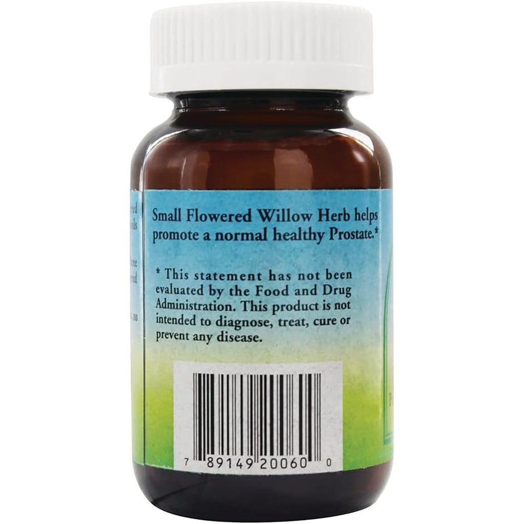 PNA003 | Back of amber supplement bottle showing label text about Small Flowered Willow Herb, disclaimer and barcode - Thumbnail