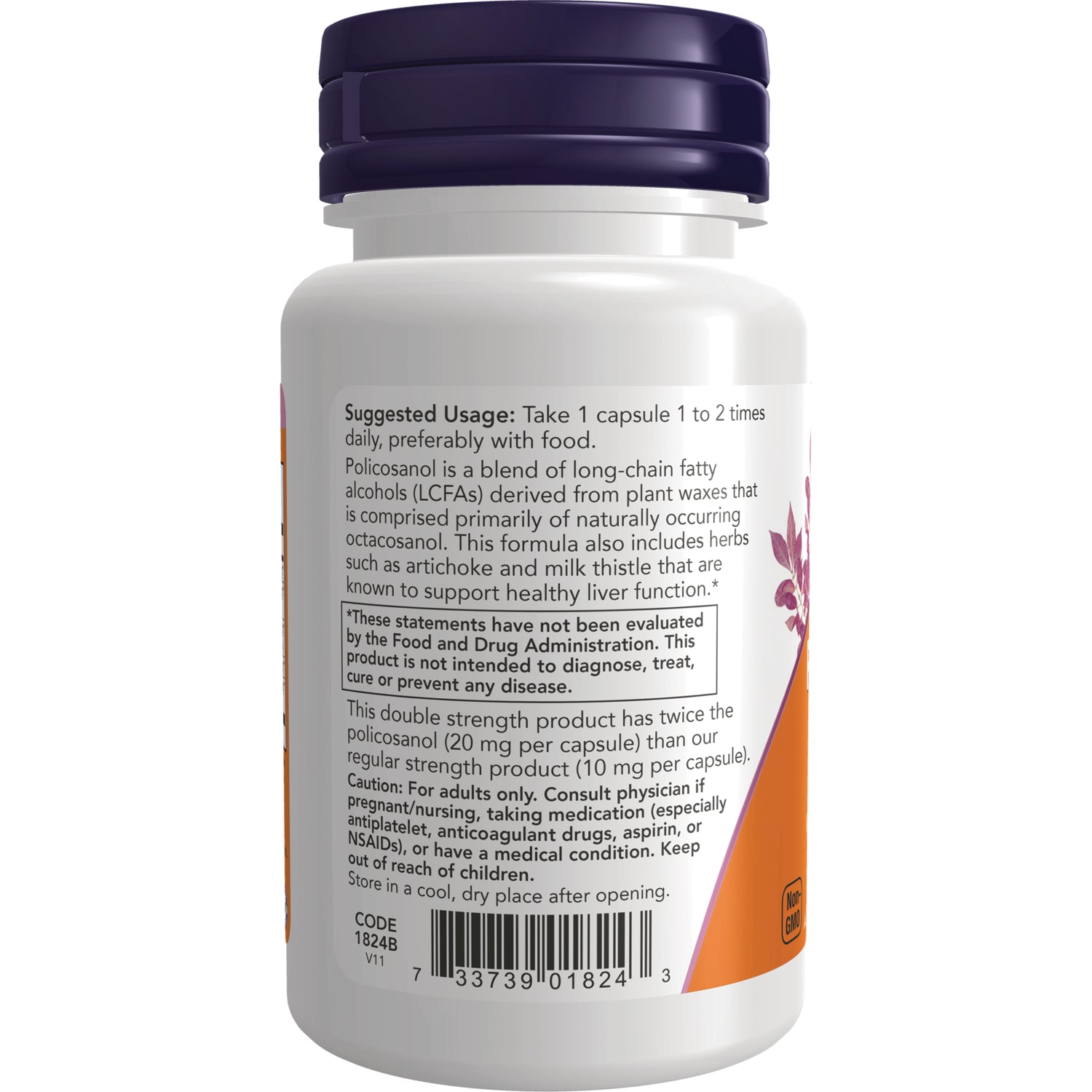 NWF774 | Back label of white supplement bottle showing suggested usage Take 1 capsule 1 to 2 times daily, caution text, and barcode