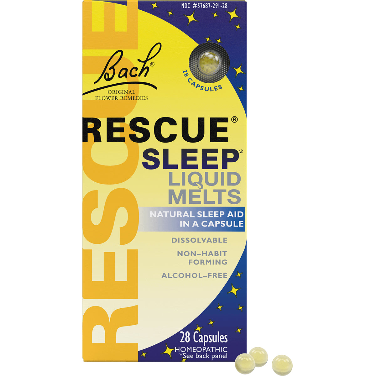 BFL027 | Bach Rescue Sleep liquid melts front packaging with two yellow capsules, 28 count