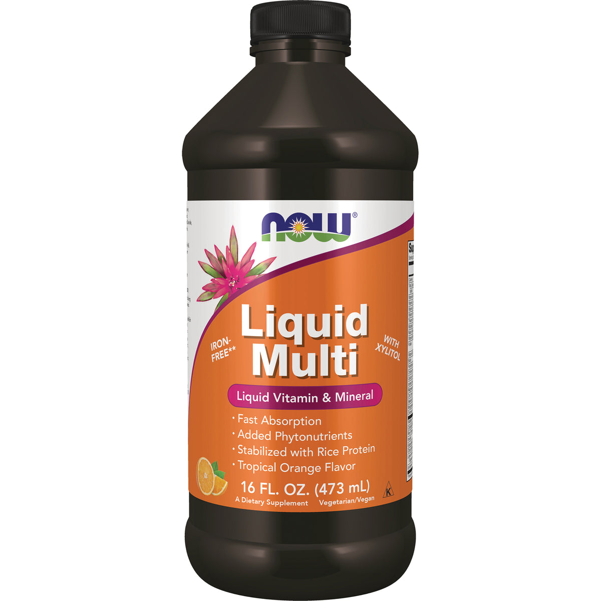 NWF251 | NOW Liquid Multi 16 FL. OZ. (473 mL) bottle with orange label, tropical orange flavored liquid vitamin