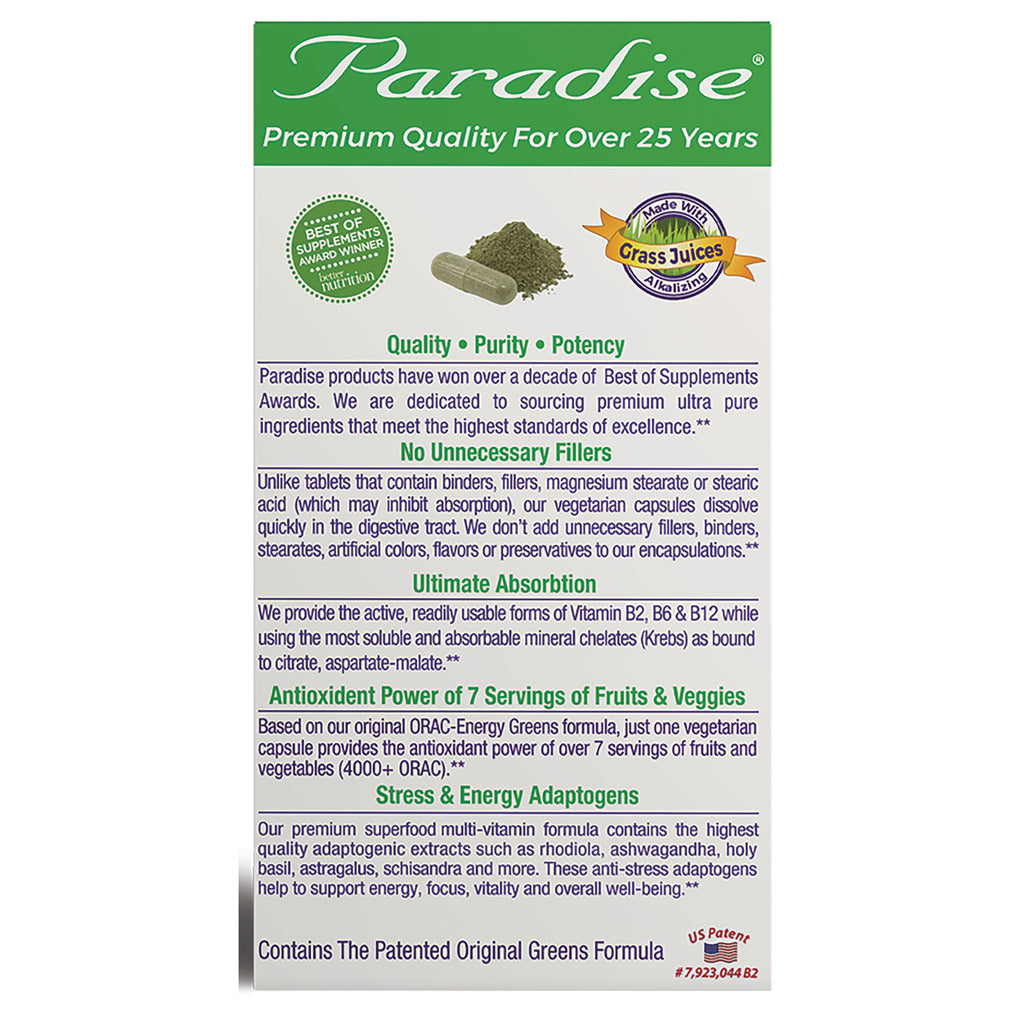 PRH012 | back label of Paradise greens supplement box listing quality claims, no unnecessary fillers, absorption and antioxidant benefits - Thumbnail