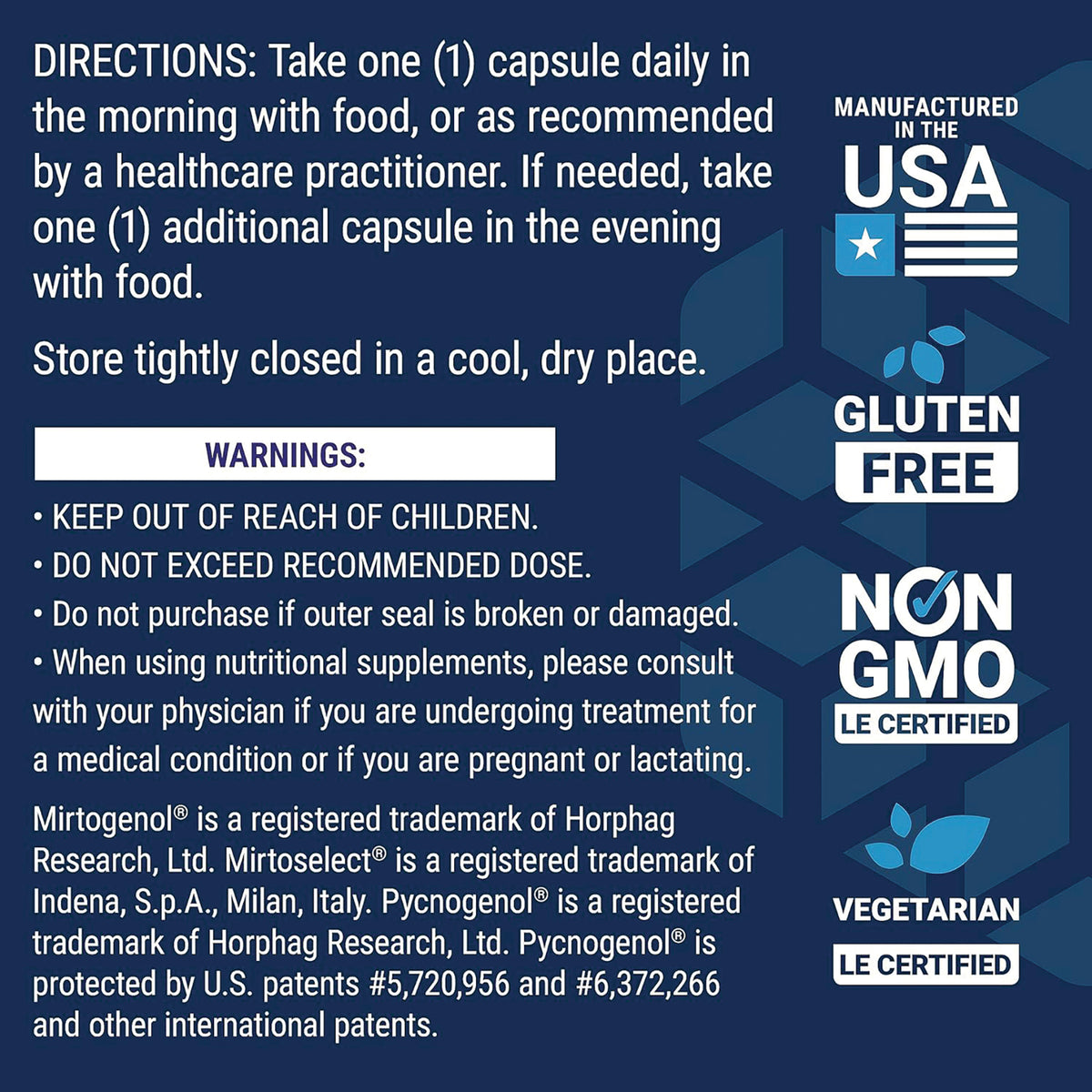 LE170 | back label with directions and warnings plus badges for Manufactured in USA, Gluten Free, Non GMO, Vegetarian