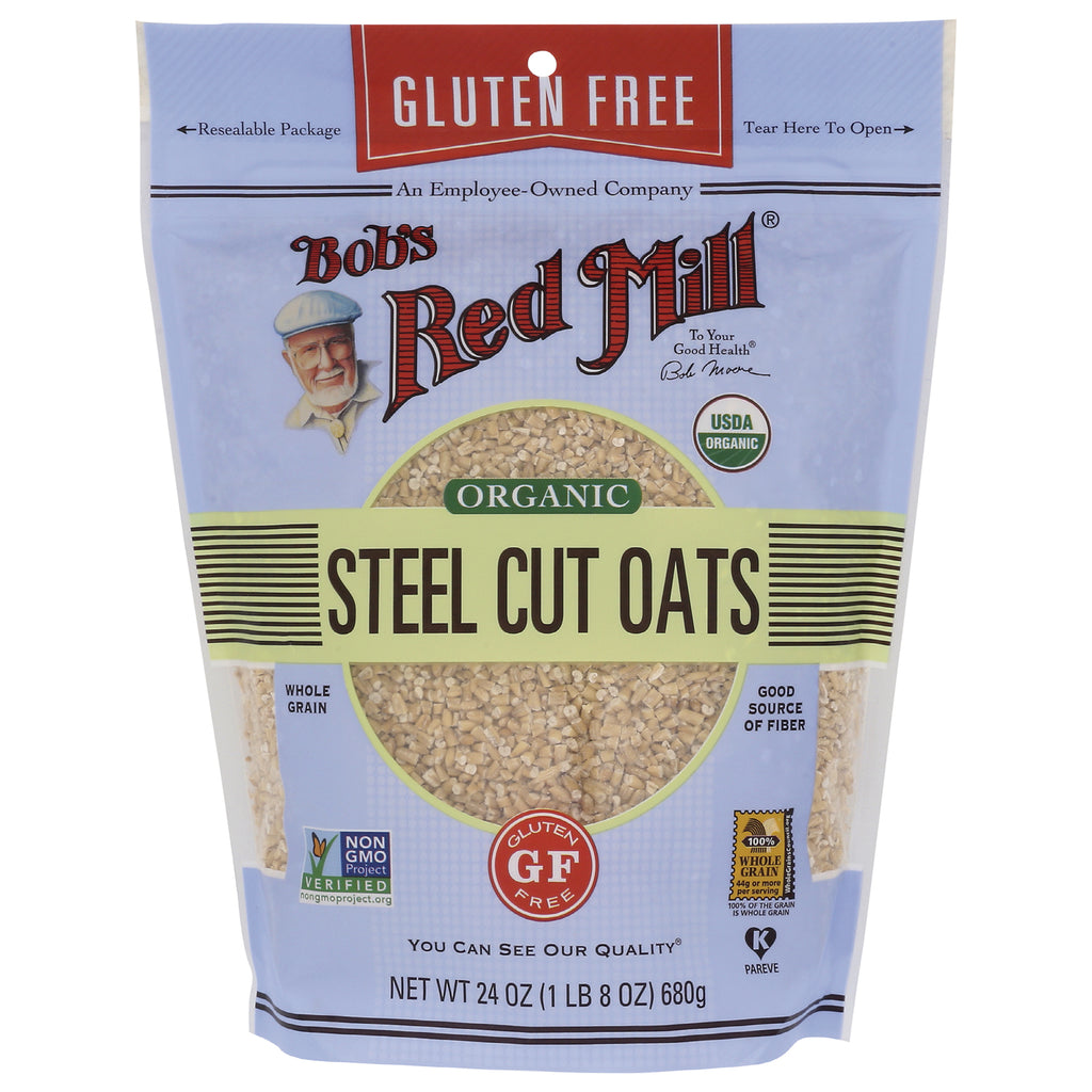BOB330 | Bob's Red Mill organic steel cut oats front pouch with clear window, gluten free label, 24 oz - Thumbnail