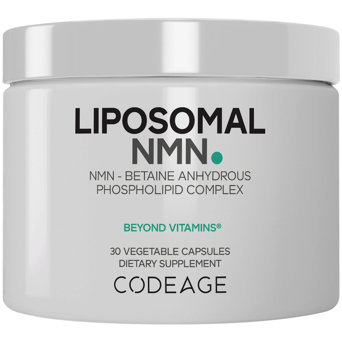CDG039 | White jar labeled LIPOSOMAL NMN BETA-NICOTINAMIDE MONONUCLEOTIDE dietary supplement 30 capsules, Codeage logo