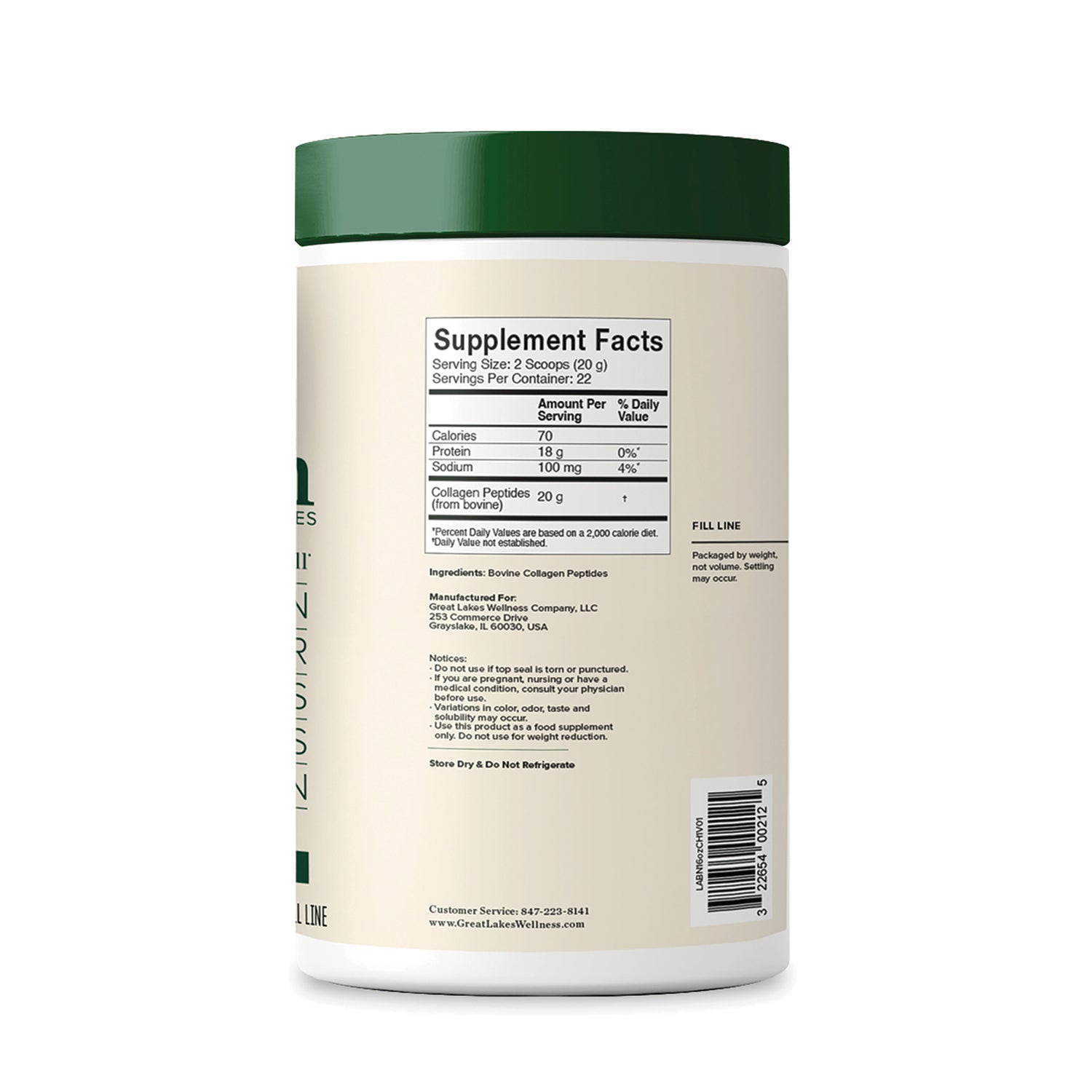 GLK010 | back label showing Supplement Facts panel, ingredients and barcode on beige supplement tub