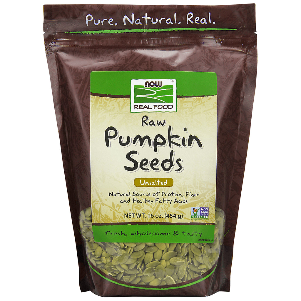 NWF1110 | NOW Real Food Raw Pumpkin Seeds unsalted 16 oz front pouch - Thumbnail