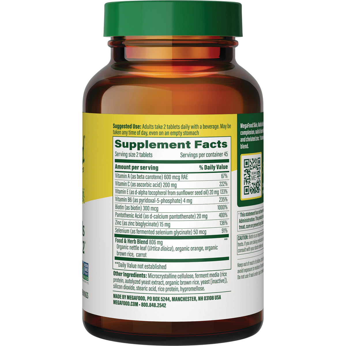 MGF079 | Back of amber supplement bottle showing Supplement Facts panel, serving size, ingredients and directions