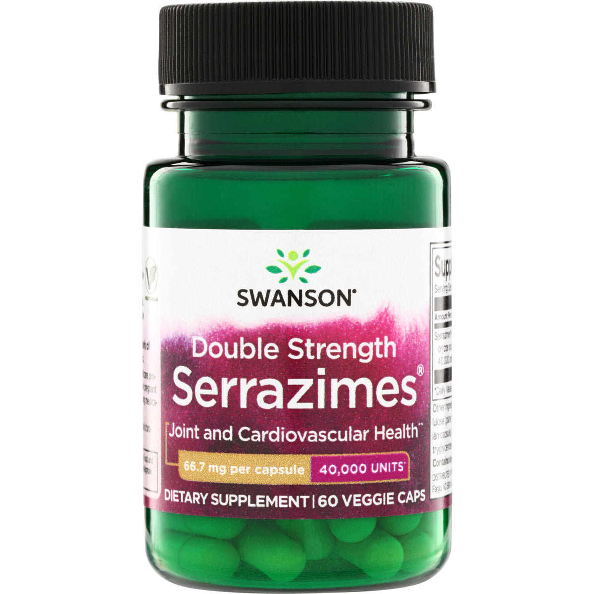 SWU779 | Swanson Double Strength Serrazimes bottle, Joint and Cardiovascular Health, 60 veggie caps, 66.7 mg, 40,000 units