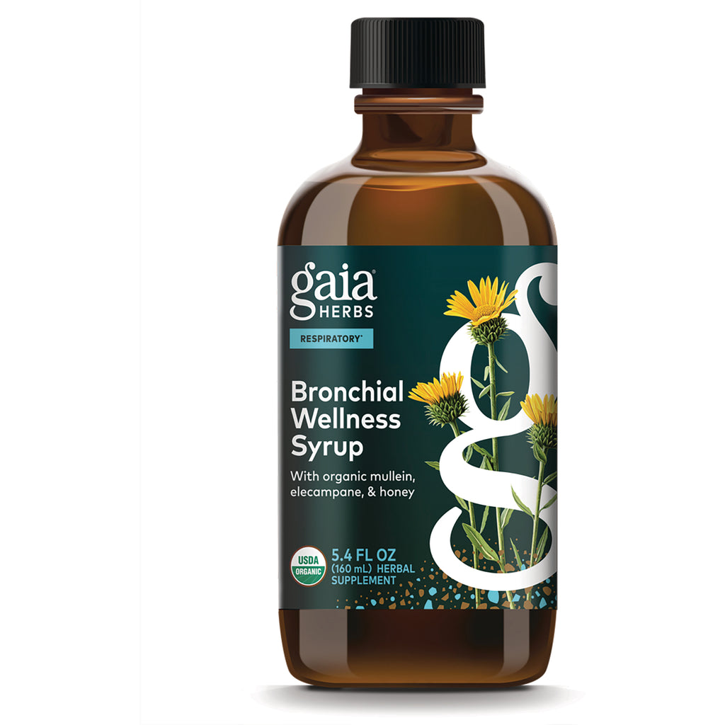 GH034 | Gaia Herbs Bronchial Wellness Syrup amber bottle front label with yellow flowers - Thumbnail