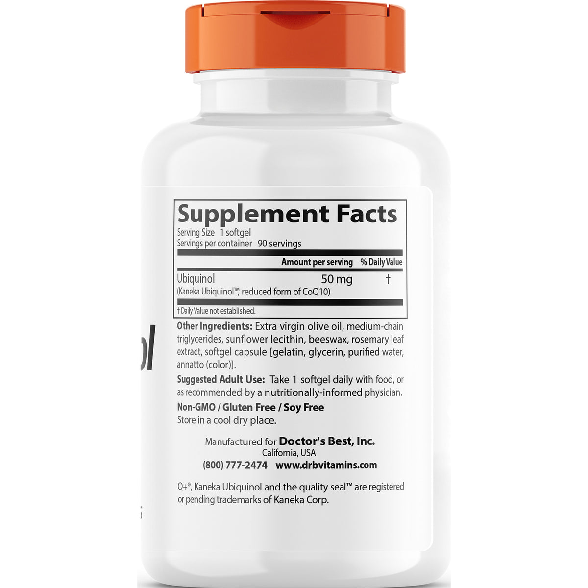 DB100 | back of white supplement bottle showing Supplement Facts label and Ubiquinol 50 mg serving info