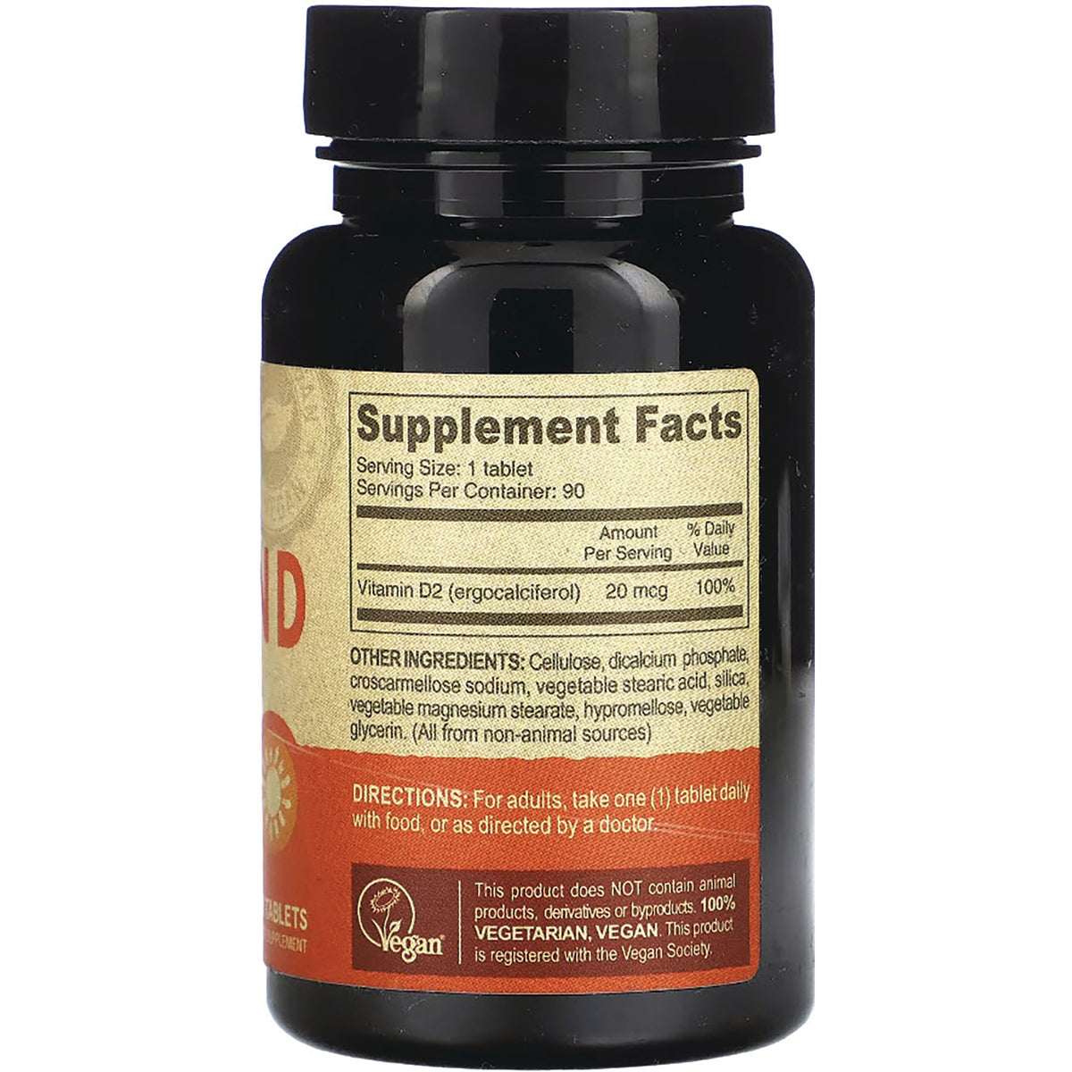 DEV006 | Back of dark supplement bottle showing Supplement Facts label listing Vitamin D2 20 mcg, directions and vegan logo