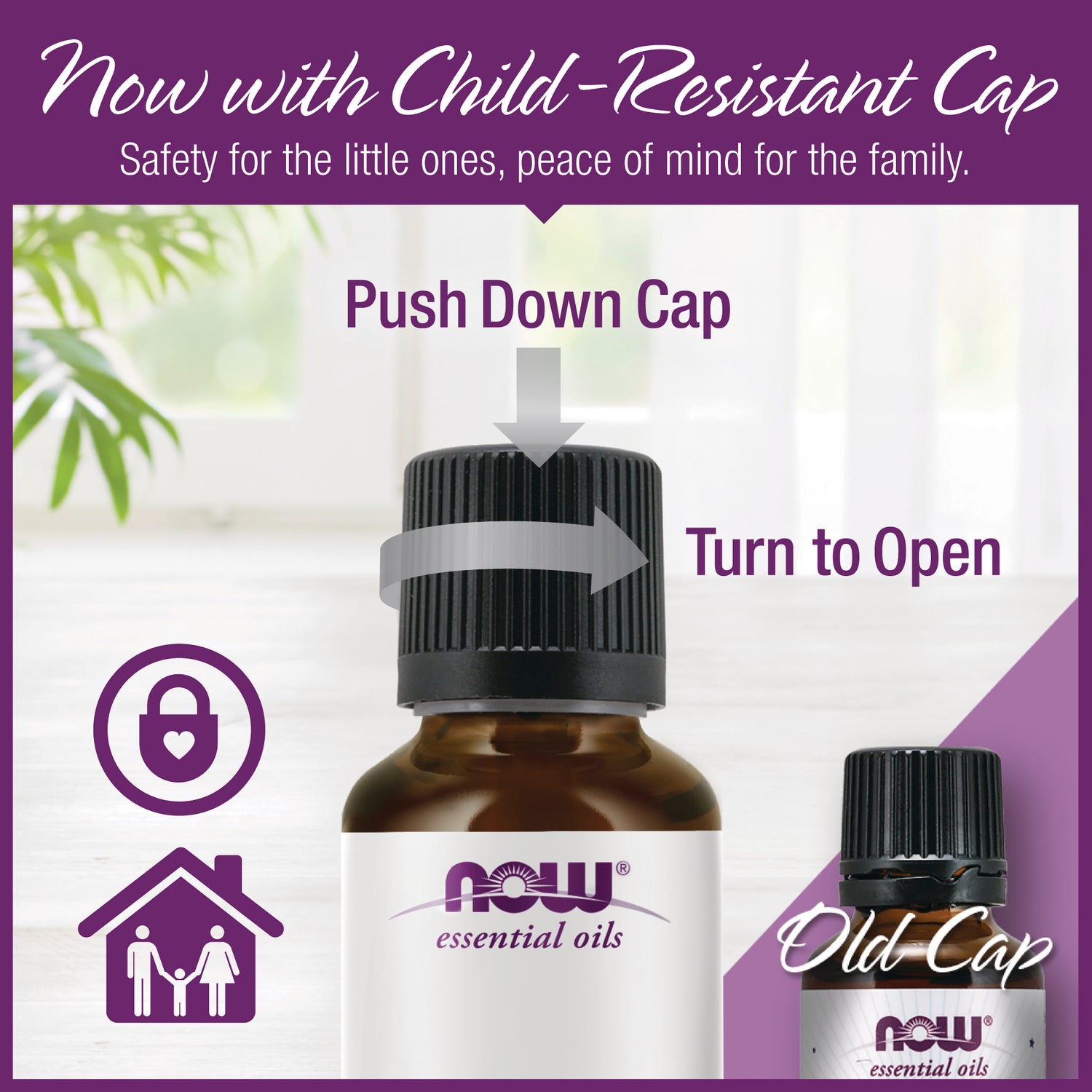 NWF1162 | Product infographic of child-resistant push-down, turn-to-open cap on NOW essential oils bottle with small old cap shown