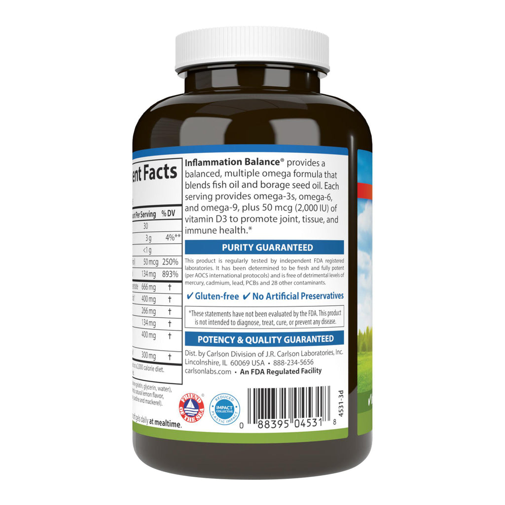 CSN159 | Back label of supplement bottle with supplement facts, Inflammation Balance description, purity guaranteed badge and barcode - Thumbnail