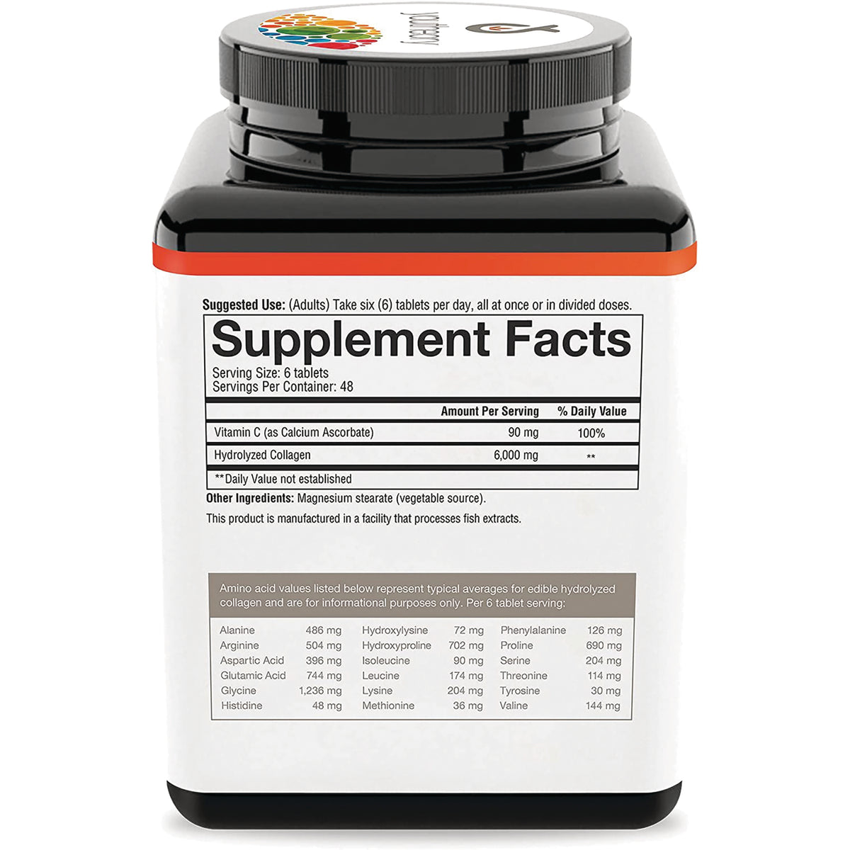 YOU001 | Supplement Facts panel showing serving size 6 tablets; Vitamin C 90 mg; Hydrolyzed Collagen 6,000 mg