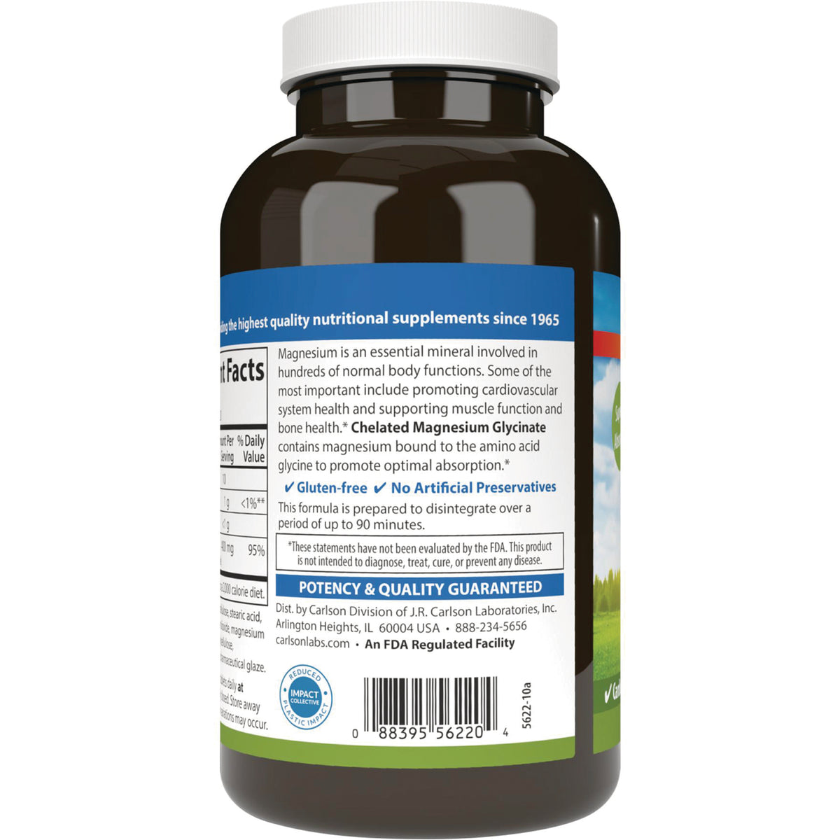 CSN315 | Back label of brown supplement bottle showing nutrition facts, product claims, and barcode