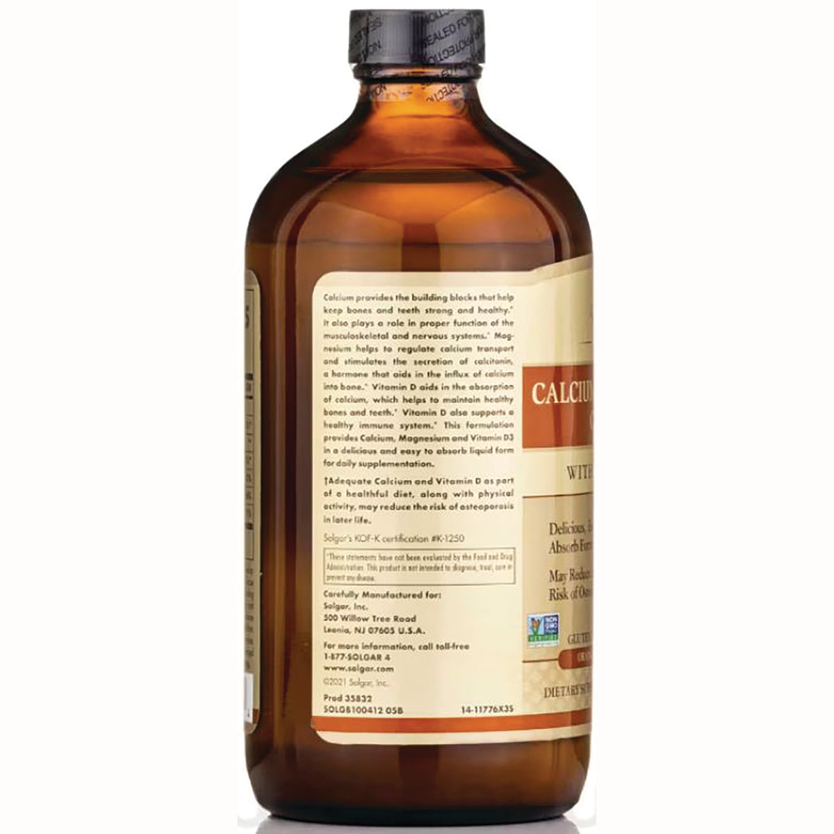 Back label of amber supplement bottle showing calcium product information, ingredients and manufacturer text