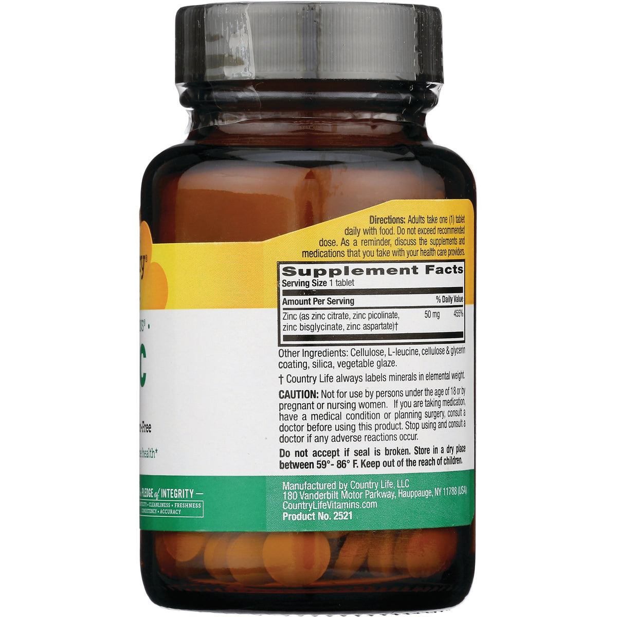 CRL448 | Back of amber supplement bottle showing Supplement Facts panel, ingredients, cautions and product info