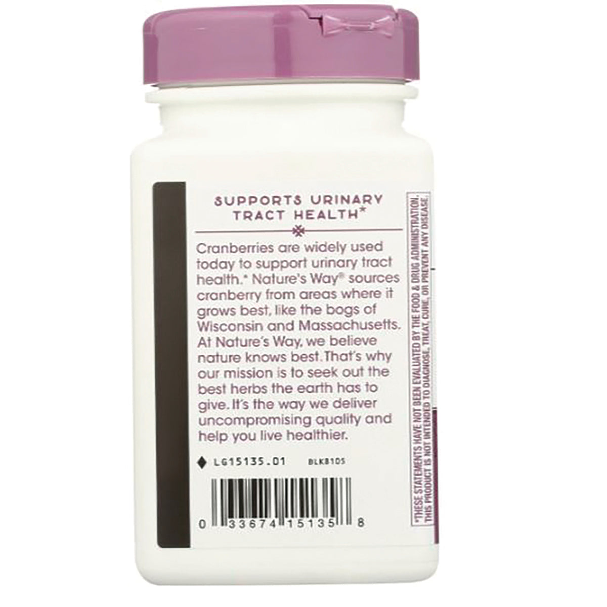 NW758 | back label of cranberry supplement bottle reading Supports urinary tract health with product description and barcode