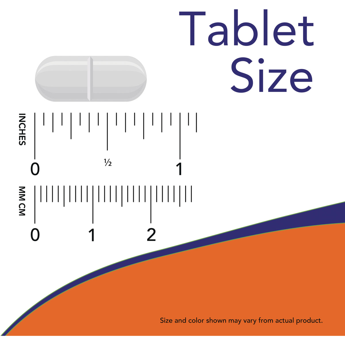 NWF782 | Tablet Size graphic showing white scored tablet above inch and cm rulers