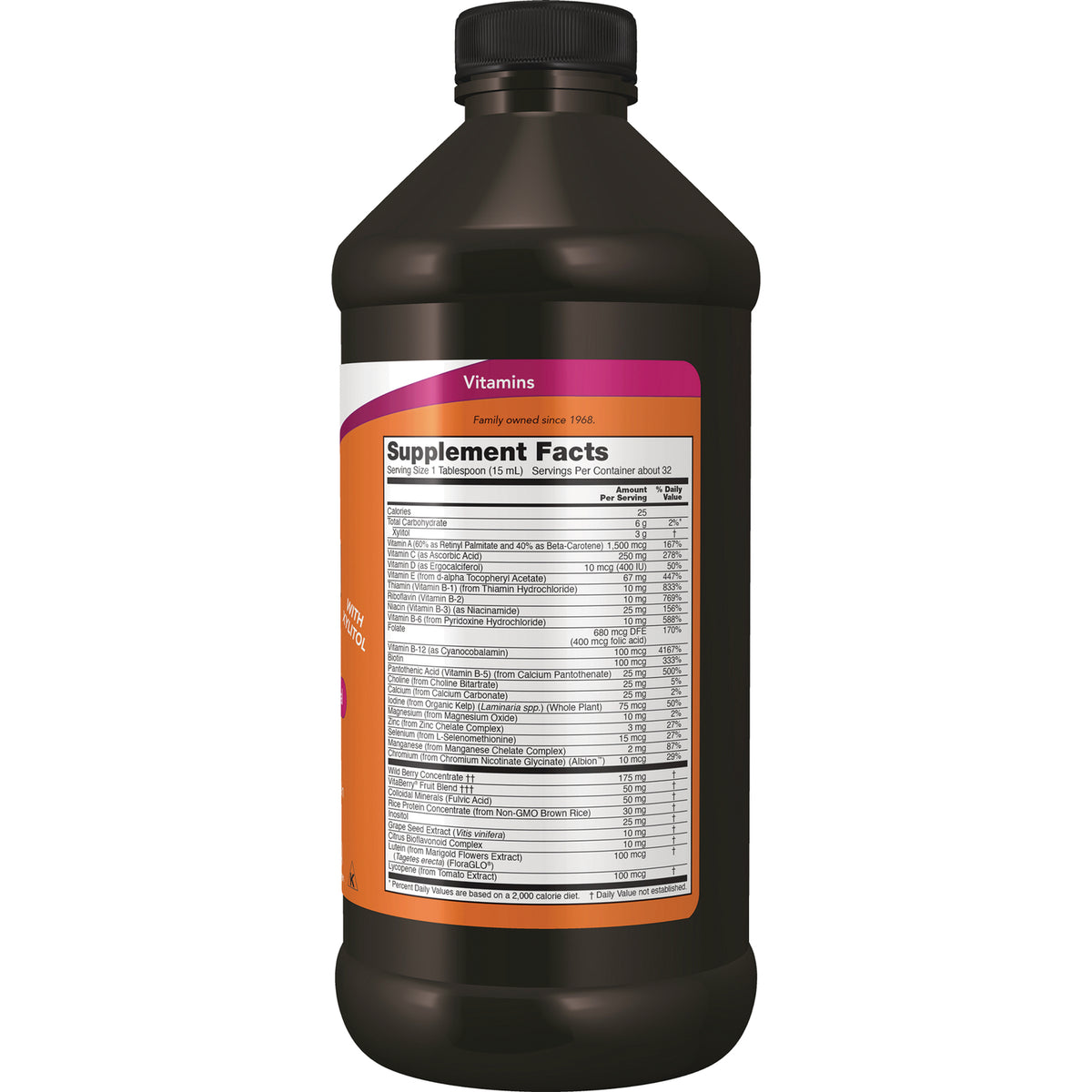 NWF437 | Back of dark brown bottle showing Supplement Facts panel and Vitamins label