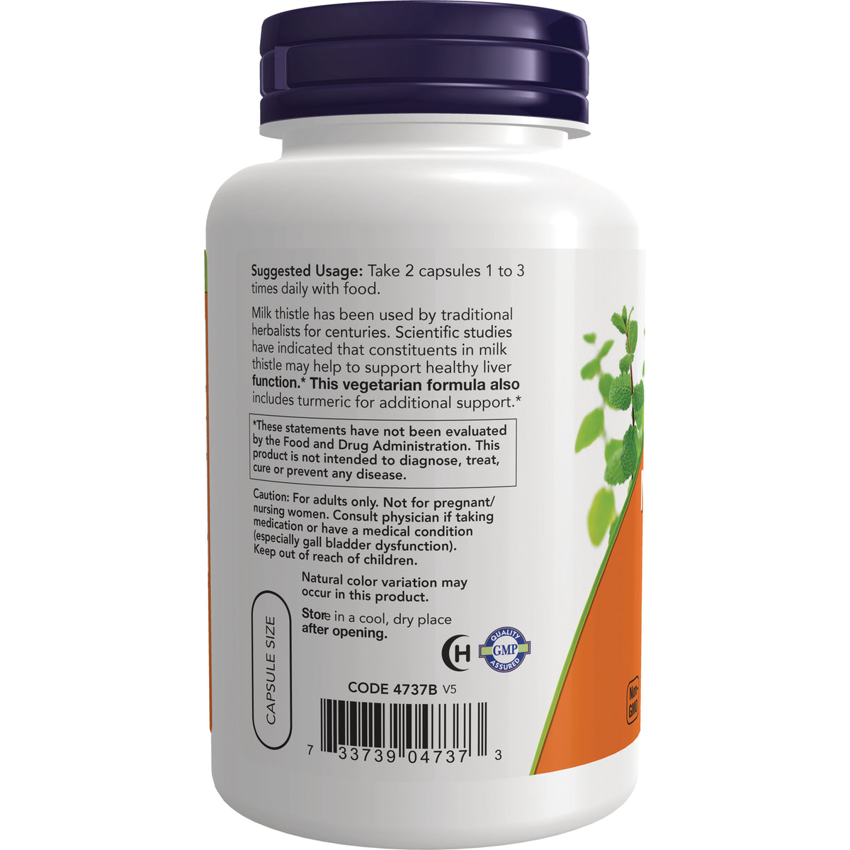 NWF1119 | Back of white supplement bottle showing suggested usage, warnings, barcode, and capsule size label