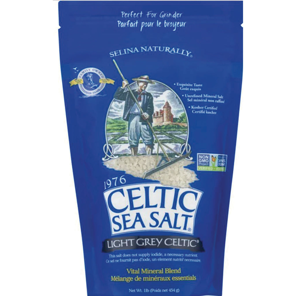 Blue pouch labeled CELTIC SEA SALT Light Grey Celtic with illustration of a man harvesting sea salt - Thumbnail
