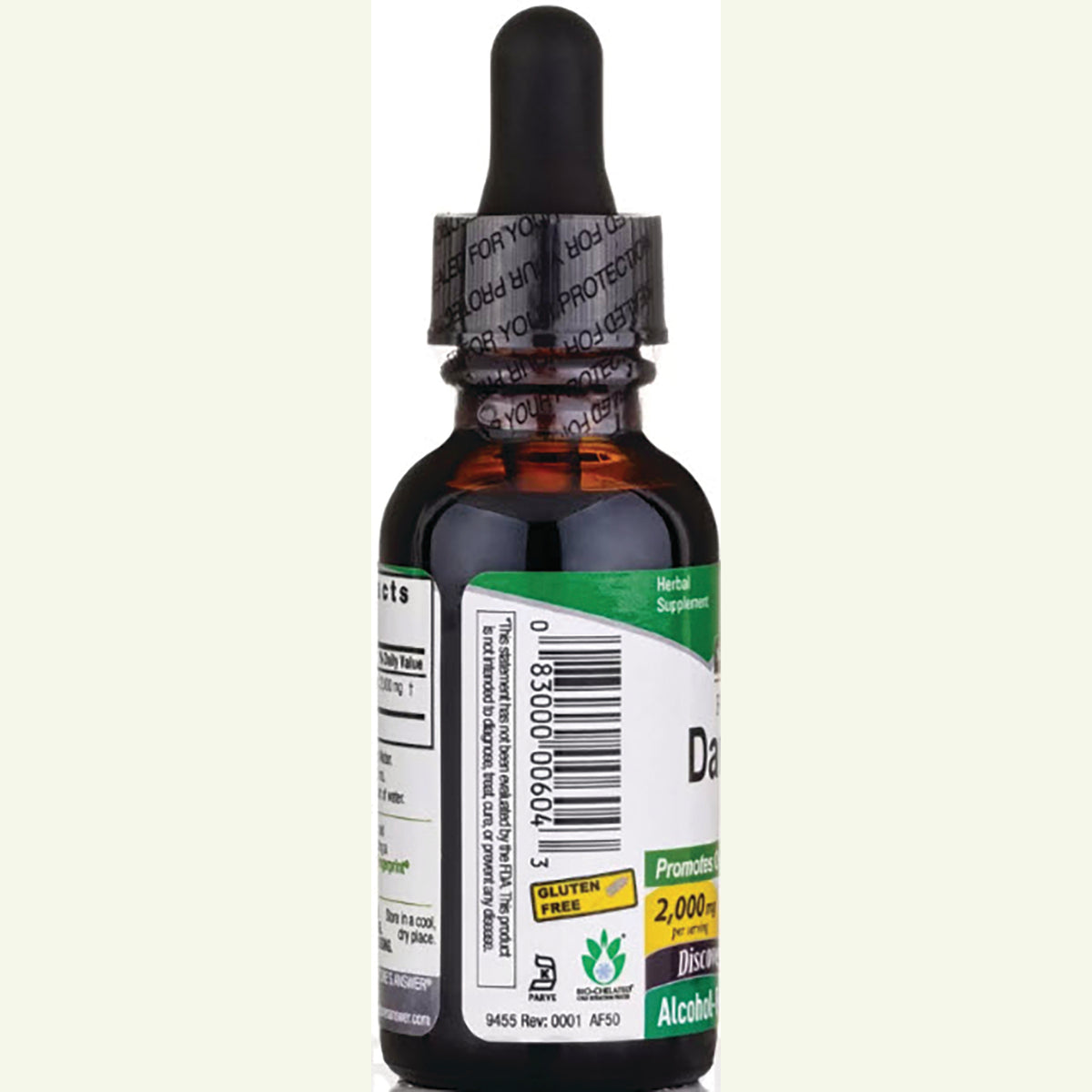 NAT023 | Back of amber dropper bottle showing barcode, partial label text, nutrition panel and gluten free badge