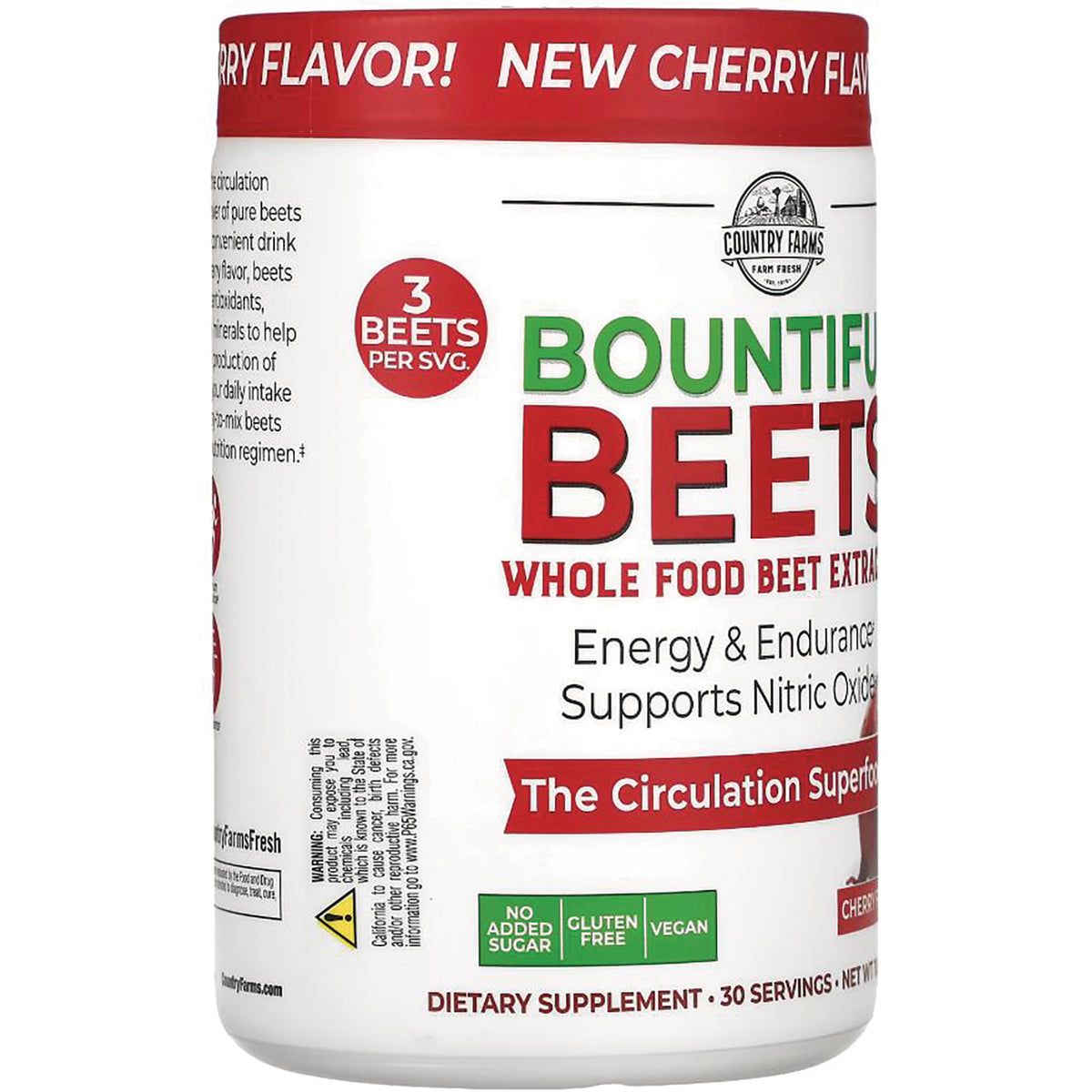 CFR008 | White supplement tub labeled Bountiful Beets whole food beet extract, 3 beets per serving, no added sugar badge