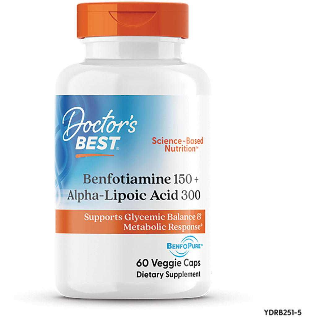 DB186 | Doctor's Best Benfotiamine 150 + Alpha-Lipoic Acid 300 white supplement bottle front label 60 Veggie Caps - Thumbnail