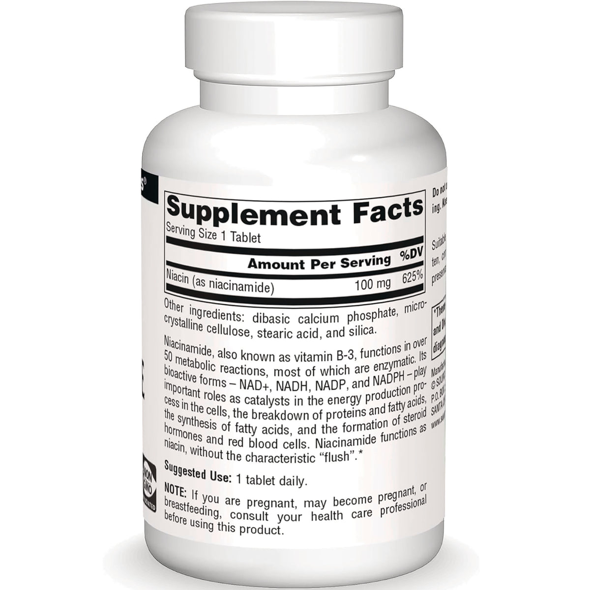 SN598 | Back label with Supplement Facts: serving size 1 tablet; Niacin (as niacinamide) 100 mg (625% DV)