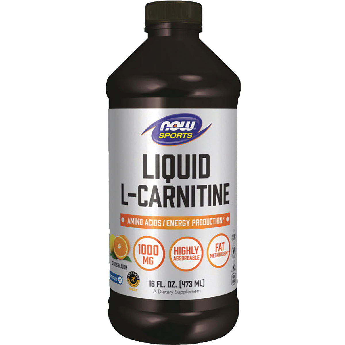 NWF323 | NOW Sports Liquid L-Carnitine 16 fl oz bottle, orange flavor label reading 1000 MG and highly absorbable